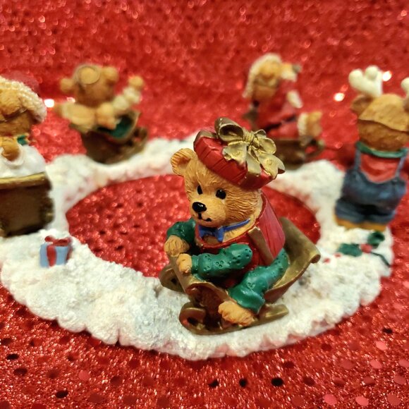 L@@K Cute Holiday Bear Candle Ring Decor Bears on Sleighs for 4" Candle Diameter - Picture 4 of 7